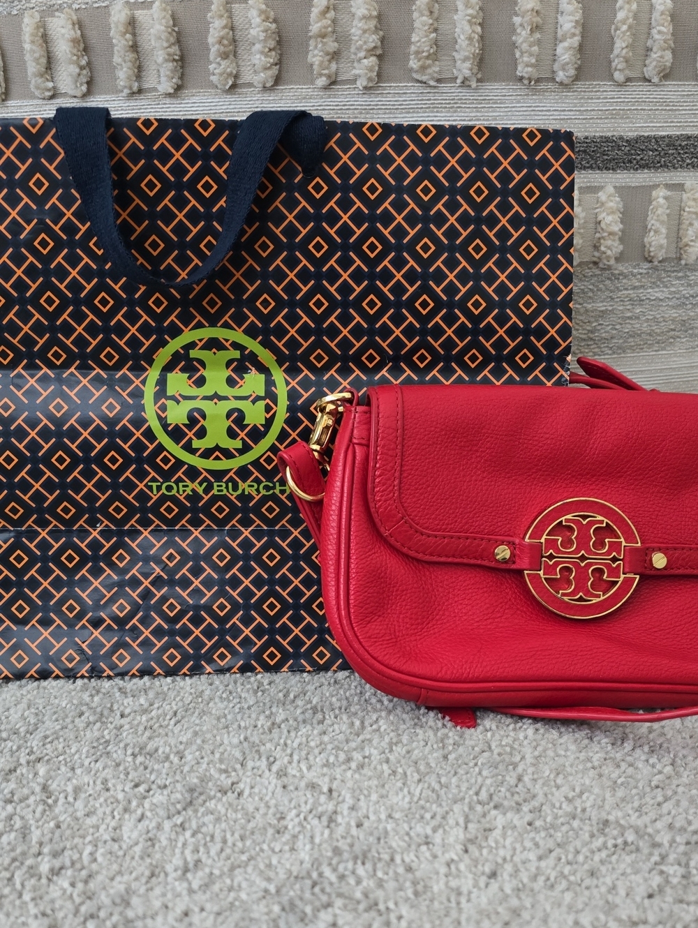 Tory Burch Red Leather Flap Crossbody with Gold Logo Hardware & TB Shopping Bag! - Picture 5 of 15